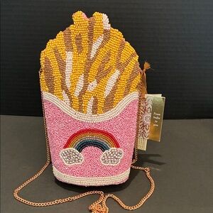 Made in India Beaded French Fry 🍟 Rainbow 🌈 Crossbody Bag with Gold Chain